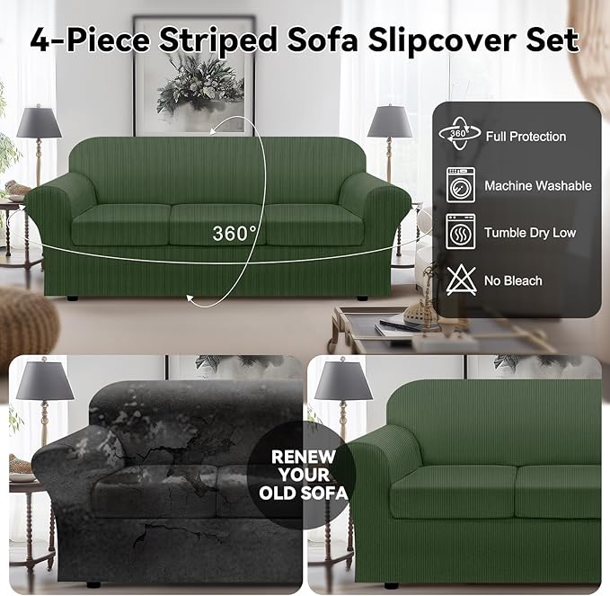 100% Waterproof Couch Cover 4-Piece Set Striped Sofa Slipcovers for 3 Cushion Couch Sofa Covers with TPU Leakproof Bottom Couch Protector Pet Proof - Sofa(3-Cushion), Military Green
