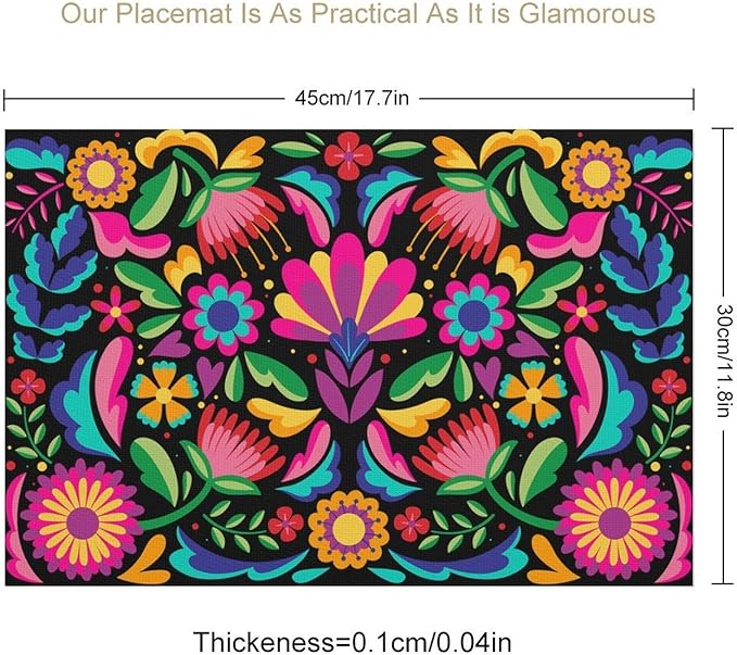 Mexican Fiesta Placemat Set of 6, 12x18 Inch Black Colorful Mexico Floral Flroal Birds Birds Talavera Cinco De Mayo Day of The Dead Coffee Table Mats for Outdoor Kitchen Dining Table Decoration