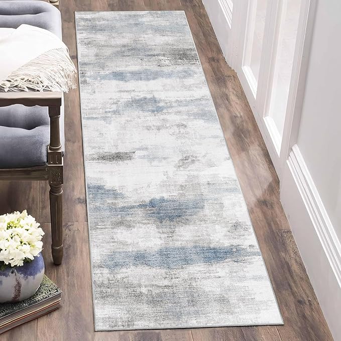 Enkor Runner Rug for Hallways, 2x6 Washable Soft Non Slip Abstract Rugs for Kitchen, Modern Mat for Entryway Living Room Bedroom Blue & Grey