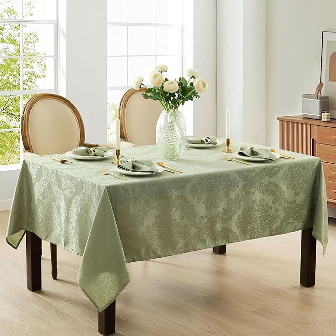 Newbridge Barcelona Damask Fabric Tablecloth, 60 x 102 Inch Rectangle, Sage Green – No Iron, Soil Resistant Table Cover for Dining, Parties and Holidays