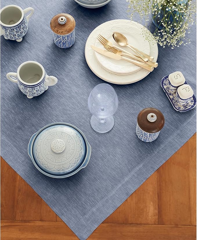 Solino Home Linen Cloth Tablecloth 52 x 52 Inch - 100% Pure Linen Chambray Indigo Square Tablecloth - Athena, Machine Washable Table Throw for Christmas
