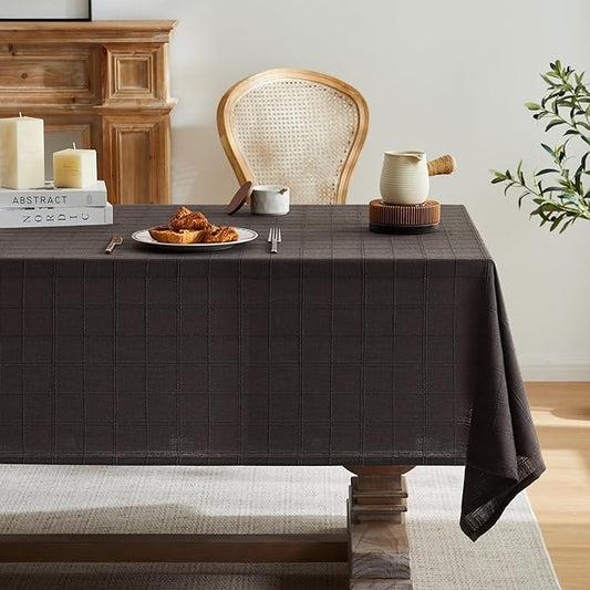 ZeeMart Linen Checked Table Cloth, Farmhouse Style Plaid Embroidered Charcoal Tablecloth, Water Resistant Rectangle Table Cloth, Charcoal 52x70 Inches
