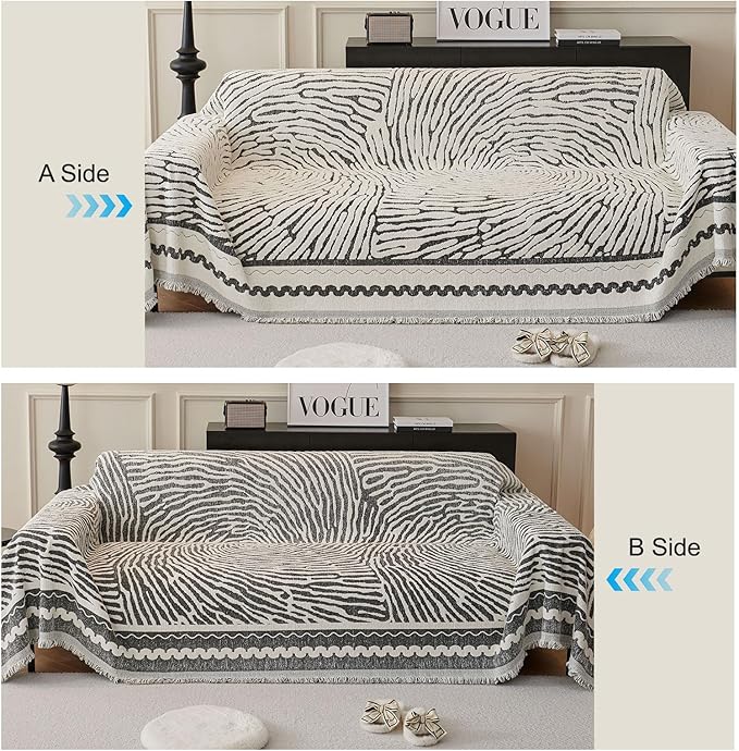 ROOMLIFE Thicked Striped Couch Cover with Tassel Black Chenille Sofa Cover Blanket for Sectional Sofa, Soft Sofa Slipcovers for L Shaped Love Seat 2-3 Cushion Couch Anti Slip Sofa Protector, 71"x118"