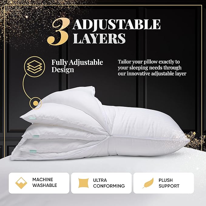 EverSnug Adjustable Layer Luxury Set of 2 Pillows for Side, Front & Back Sleepers, Cooling Hotel Pillows with 3 Layers, Down Alternative Pillow for Sleeping, Neck & Back Support (Queen)
