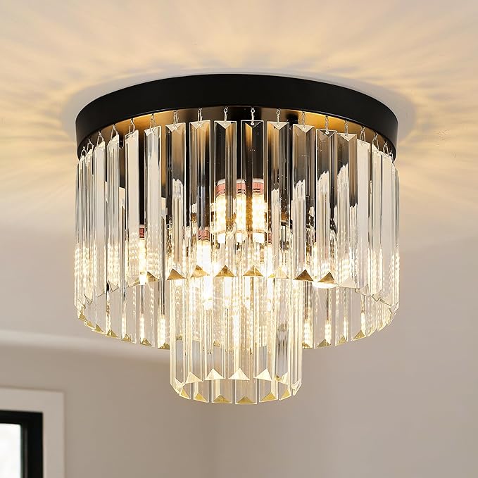 12.6" Black Crystal Ceiling Light 4-Light Modern Fixture 2-Tier Luxury K9 Crystal, for Dining Room Kitchen Island Living Room Bedroom