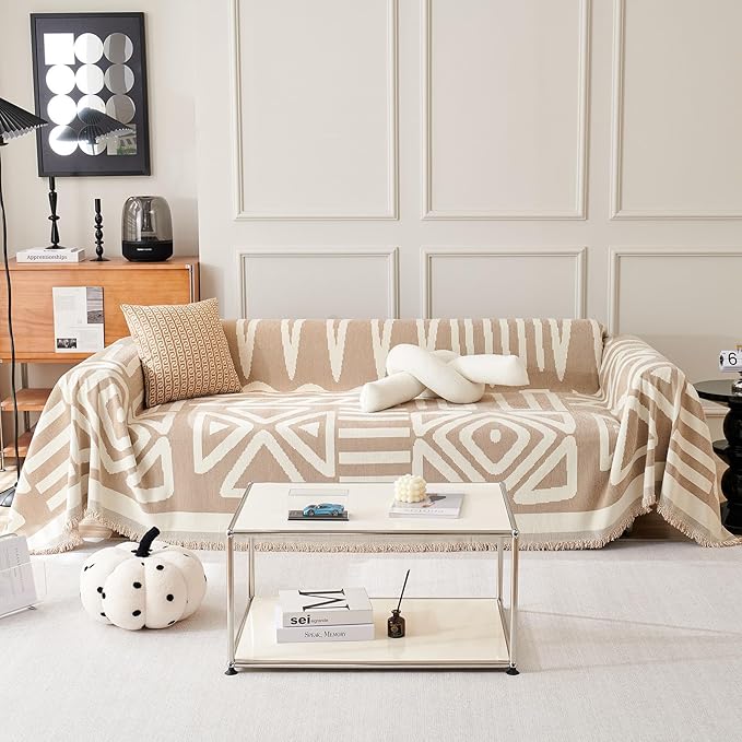 VClife Boho Couch Cover for 2 Cushion Couch Sofa,Chenille Sofa Cover for Sectional Sofa, Modern Khaki Plaid Triangle Jacquard Sofa Covers Washable Sofa Slipcover Living Room Loveseat Cover 91x118