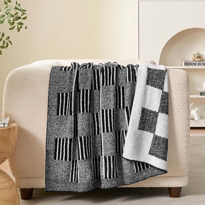 Snuggle Sac Checkered Throw Blanket, Black Fluffy Faux Fur Reversible Soft Microfiber Warm Throw Blankets for Couch,Sofa,Travel,Cozy Lightweight Striped Blankets for Women,Heather Black,50x60 inches