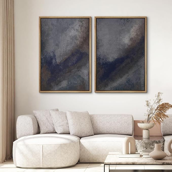 SIGNWIN Framed Canvas Print Wall Art Set Midnight Slate Abstract Blue and Gray Brushstroke Zen Bohemian for Living Room, Bedroom, Office - 24"x36"x2 NATURAL