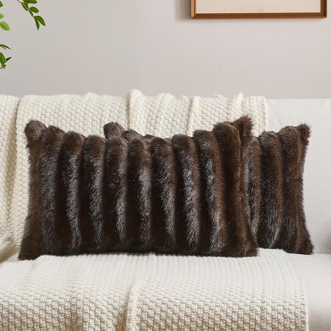 FUTEI Dark Coffee Decorative Throw Pillow Covers 12x20 Inch Set of 2,Soft Fluffy Faux Rabbit Fur Dyeing Striped Textured Lumbar Pillow Case,Modern Home Decor for Couch Bed Living Room