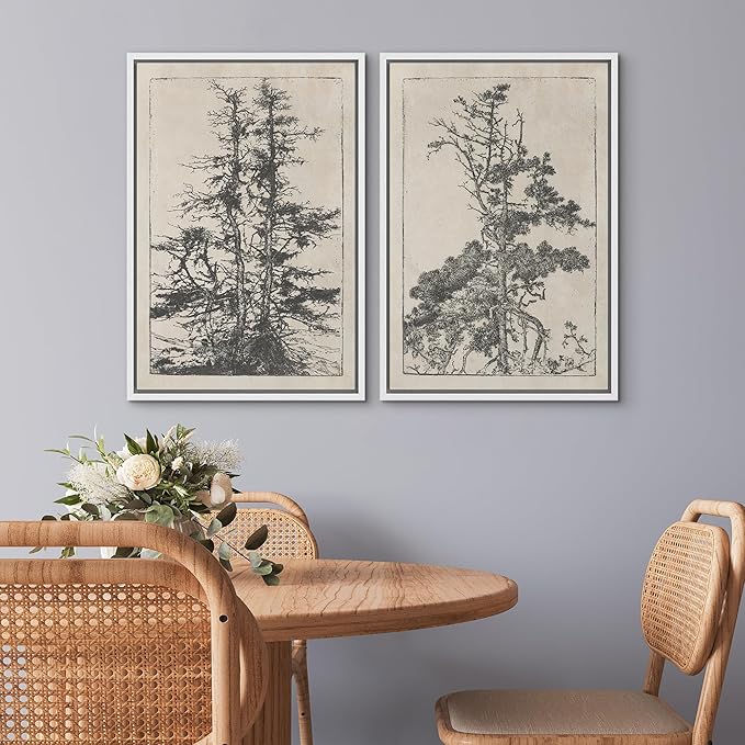 SIGNWIN Framed Canvas Print Wall Art Set Vintage Botanical Tree Sketches Illustrations Modern Art Minimal Boho Relax/Calm for Living Room, Bedroom, Office - 24"x36"x2 White