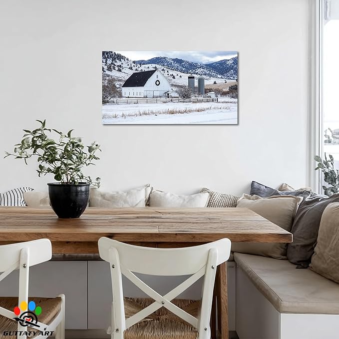 GUTTATY Christmas Winter Barn Canvas Wall Art, Rustic Farmhouse Winter Scene Pictures, Snowy Holiday Wall Decor, Countryside Canvas Print with White Barn for Living Room, Bedroom, Office, 40x20 Inch