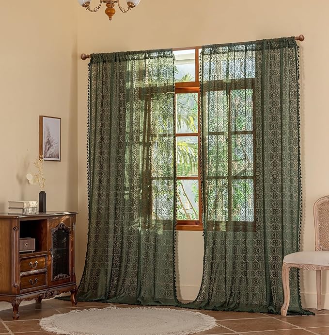 Green Crochet Curtain 72 Inches Long Vintage Boho Sheer Lace Curtains with Tassels Rod Rustic Farmhouse Drapes for Living Bedroom Office Bohemian Neutral Aesthetic Décor 59" W x 72" L, Dark Green