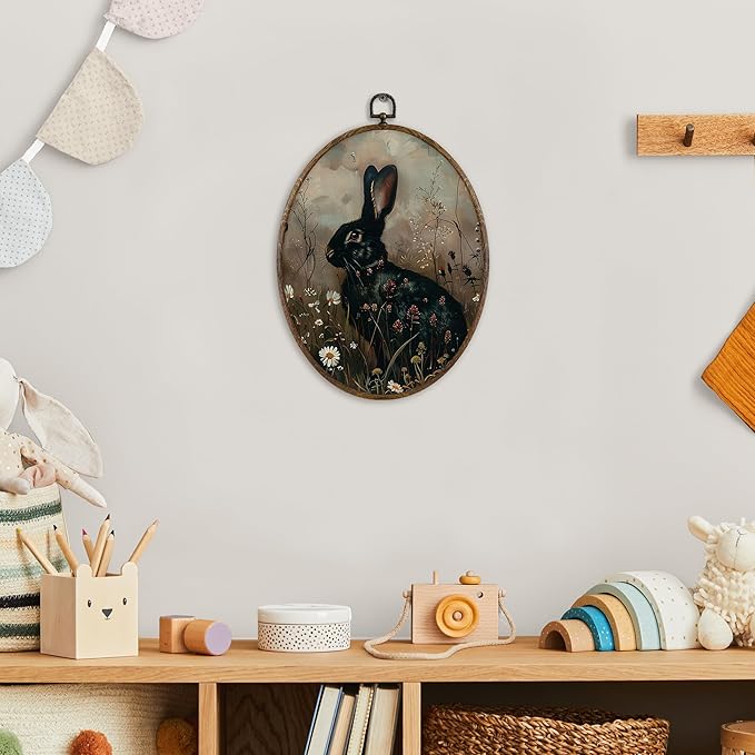 KFXHANGD Vintage Witchy Black Bunny Oval Wall Art Framed,Decor, Cottagecore Rabbit Canvas Wall Art Decor, Dark Academia Bunny Floral Hanging Decor for Farmhouse Bathroom Living Room, 8.7x11.3 Inch