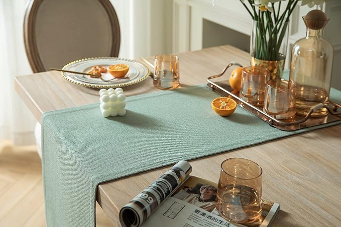 ZeeMart Burlap Style Farmhouse Table Runners 60 Inches Long, Sage Green Rustic Woven Dining Table Runner for Everyday Use, 14x60 Inches, Seafoam