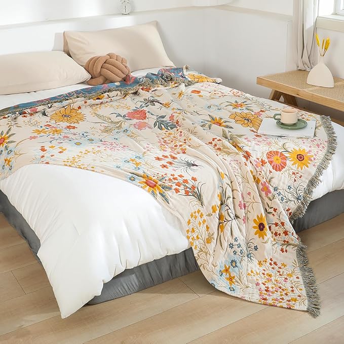 Boho Throw Blanket for Bed Cotton Blankets Twin Size for Bedroom Living Room All Season Lightweight Floral Embroidery Quilt for Couch Sofa Chair 60"x80"