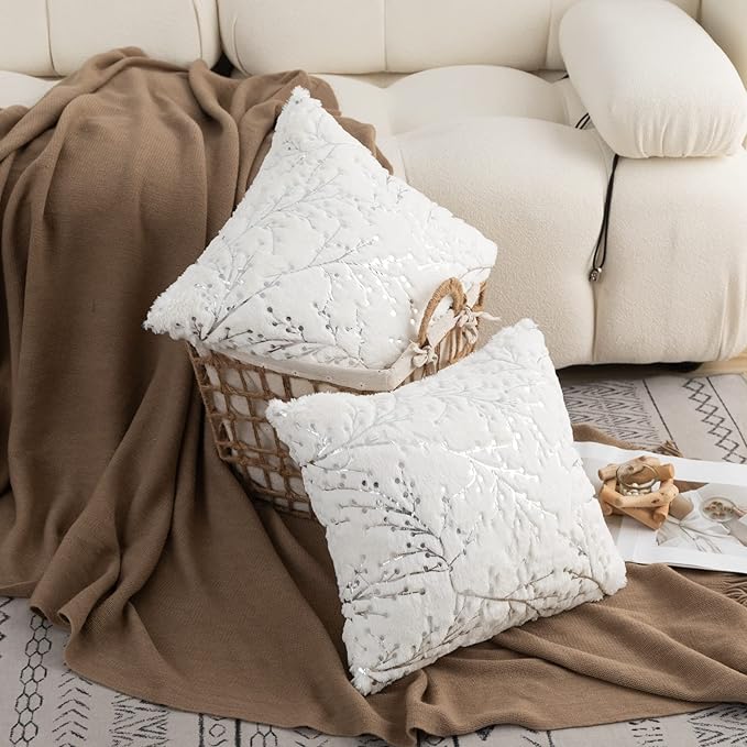 LIGICKY Set of 2 Fluffy White Faux Fur Pillow Covers Silver Branches Glitter Throw Pillows Decorative Soft Furry Sparkling Square Cushion Cases for Sofa Bedroom Party Fall Autumn Décor 18x18inch