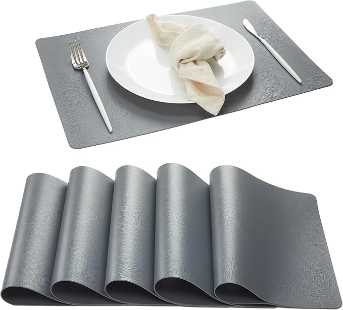 DOLOPL Placemats Set of 6, Gray Faux Leather Heat Resistant Table mats - Anti Slip Table Place Mats, Washable Wipeable Outdoor Placemats for Kitchen Dining Room Table Decorations