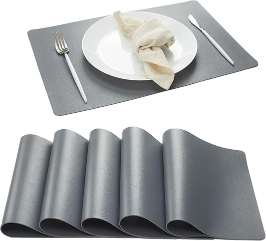 DOLOPL Placemats Set of 6, Gray Faux Leather Heat Resistant Table mats - Anti Slip Table Place Mats, Washable Wipeable Outdoor Placemats for Kitchen Dining Room Table Decorations