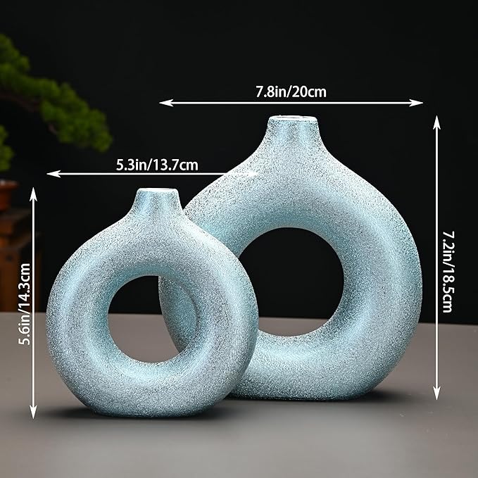 Modern Donut-Shaped Decorative Vases, Handmade Minimalist Boho ins Style, Modern Vase for Home Decor for Wedding Dinner Table Party Living Room Office Bedroom (Blue-Gold, Large + Small)