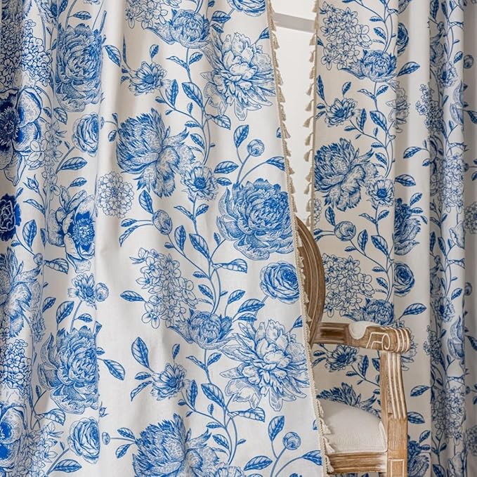 F-CHU Blue Curtains for Bohemian 90 Inch Length French Country Floral Drapes Farmhouse Rustic Vintage Window Curtain Panels for Bedroom Chic Country Curtains，2 Panel 52" W x 90" L
