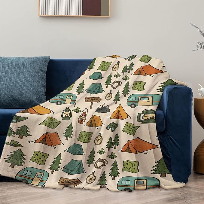 Camping Adventure Blanket Gifts for Women Girls Kids, Soft Warm Lightweight Flannel Tent Compass Lantern Throw Blankets for Bedroom Living Room Home Sofa Home Decor 50" x 60"