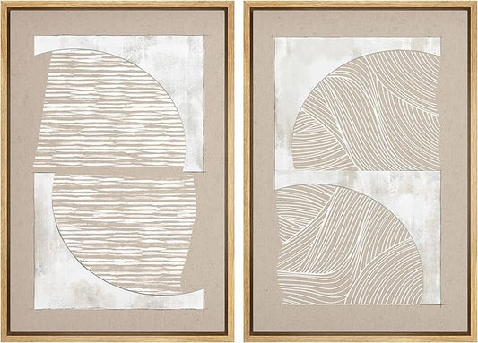SIGNWIN Framed Canvas Print Wall Art Set Grunge Tan White Art Deco Polygons Abstract Shapes Illustrations Minimal Decorative Nordic Zen Bohemian for Living Room, Bedroom, Office - 16"x24"x2 Natural