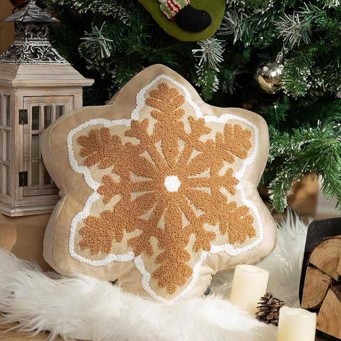 Phantoscope Merry Christmas Snowflake Shaped Throw Pillow, Velvet Xmas Embroidered Snowflake Pillow Decorative Christmas Cushion Pillow for Couch Living Room Bed, Beige, 16 x 16 inches