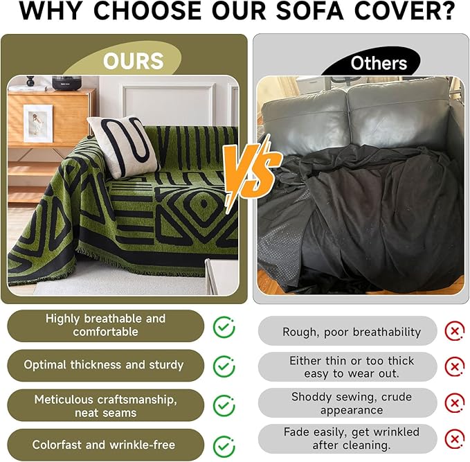 VClife Boho Couch Cover Soft Thick Chenille Couch Covers for Sectional Sofa, Bohemian Jacquard Couch Cover for 2 Cushion Couch Sofa Washable Breathable Furniture Protector, Forest Green, 71"x118"