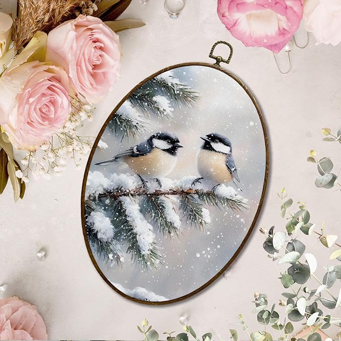 JQF Winter Chickadees Bird Oval Wall Decor, Rustic Farmhouse Oval Canvas Wall Art, Cottagecore Winter Christmas Bird Framed Prints Hanging Decor for Home Living Room Bedroom, 8.5x11.5 Inch
