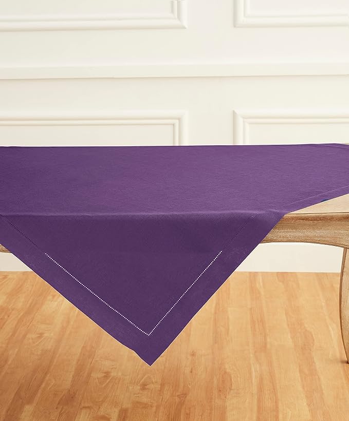 Solino Home Square Linen Tablecloth 52 x 52 Inch - 100% Pure Linen Purple Table Throw - Classic Hemstitch, Machine Washable Table Cloth for Fall, Autumn, Thanksgiving
