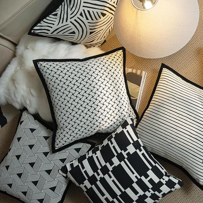 New 22x22'' inches Throw Pillow Cushion Covers - Woven Grid Black Chenille Jacquard Embroidery with Edge Strip Luxury Modern Style Couch Sofa Bed Pillow Cover for Living Room Bedroom