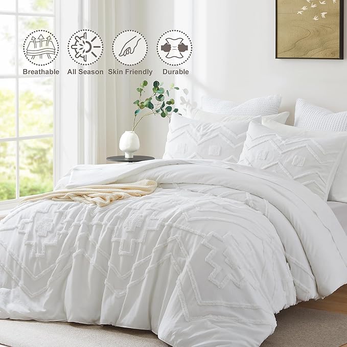 Oli Anderson Boho Tufted Comforter Set King Size, 3 Pcs Soft Jacquard Bedding Set for All Seasons, Shabby Chic Farmhouse Bedding Set with Comforters for All Seasons (White, King)