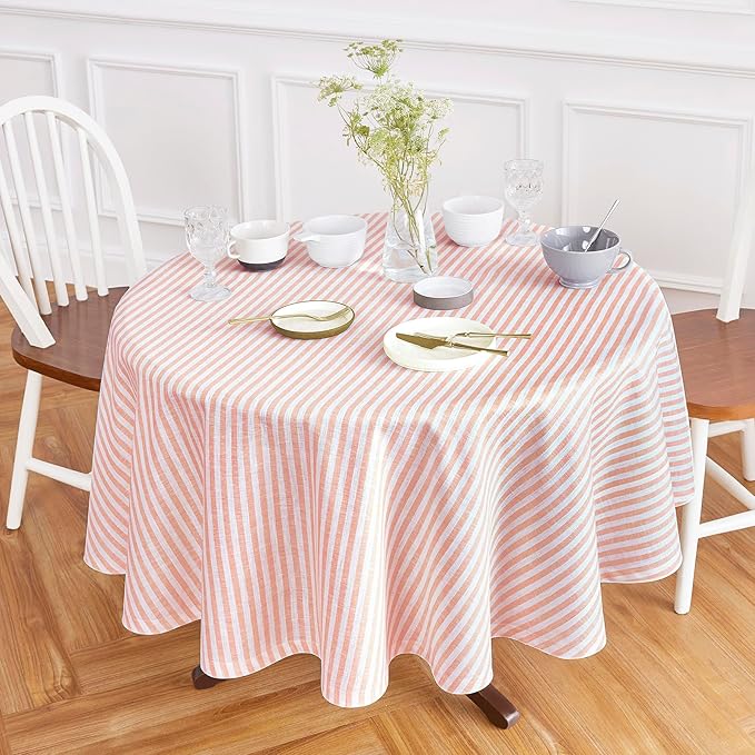 Solino Home Linen 60 Inch Round Tablecloth - Amalfi Stripe, 100% Pure Linen Coral and White Round Tablecloth - Machine Washable Table Cloth