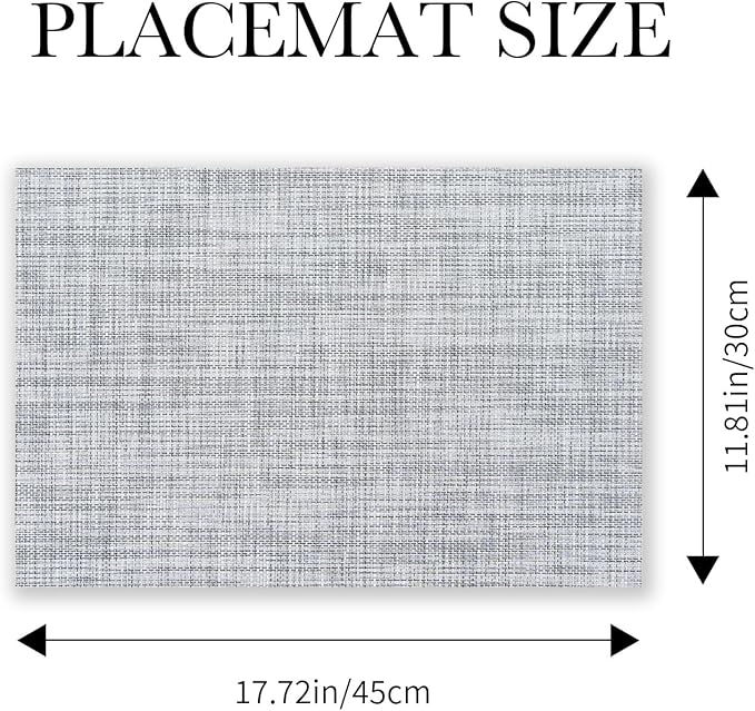 BACKTOEDEN Placemats Set of 8 Heat Resistant Washable Wipeable Placemat Woven Non-Slip Foldable Vinyl/Plastic Place Mats Indoor/Outdoor Mat Kitchen Dining Table Pad, Gray