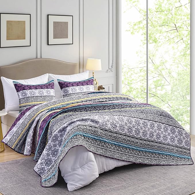 DURLENGEN Bohemian Quilt Set Queen Size 3Pcs, Purple & Teal & Yellow Stripes Design, All Season Lightweight Coverlet Sets (Queen 90x96, Purple)