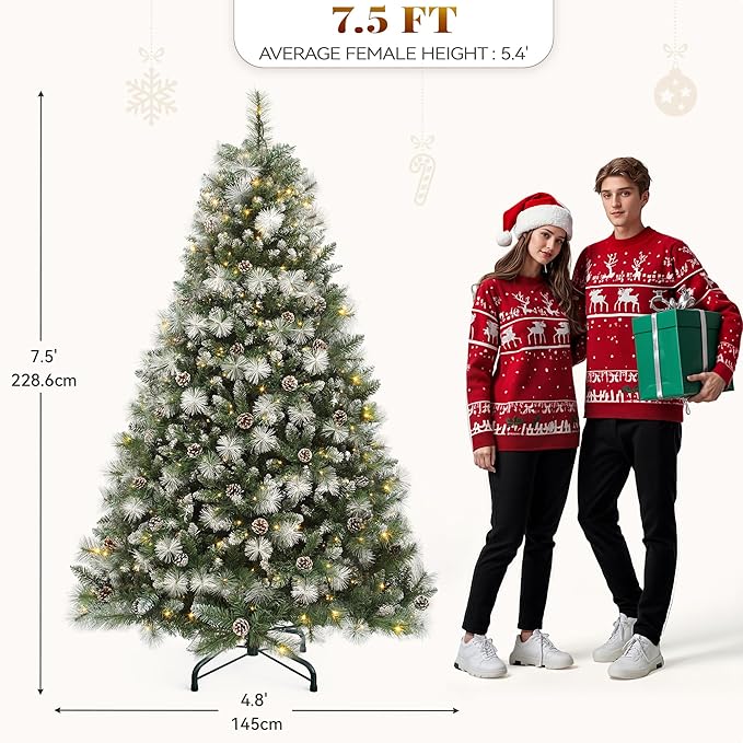 YITAHOME 7.5ft Prelit Scotch Pine Christmas Tree with Remote Control, Pre-Decorated Frosted Christmas Tree with Pine-Cones & Needles, Warm White/Multicolor Changing Lights for Home/Office