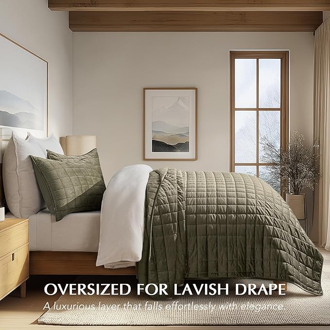 EVERGRACE Pearl Velvet Quilt Full Queen Size Bedding Sets, Luxurious Soft Velvet Comforter Set, Lightweight Box Stitching Oversized Bedspread Coverlet for All Season, with 2 Shams, Moss Green