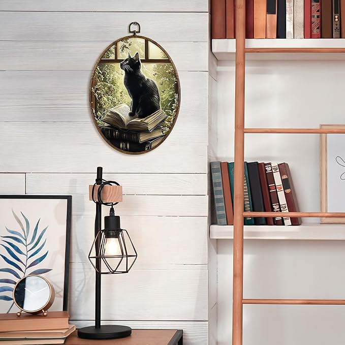 KFXHANGD Vintage Dark Academia Black Cat Oval Wall Art Framed, Antique Cottagecore Black Cat Canvas Wall Art Decor, Rustic Moody Gothic Cats Hanging Decor for Living Room Bedroom, 8.7x11.3 In
