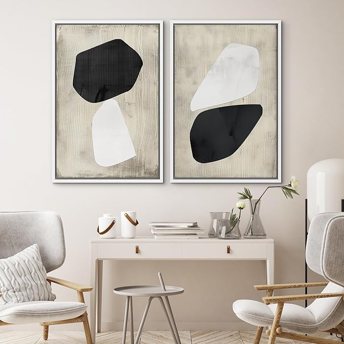 SIGNWIN Framed Canvas Print Wall Art Set Mid-Century Grunge Duotone Polygons Abstract Shapes Illustrations Minimal Decorative Nordic Zen Bohemian for Living Room, Bedroom, Office - 16"x24"x2 White