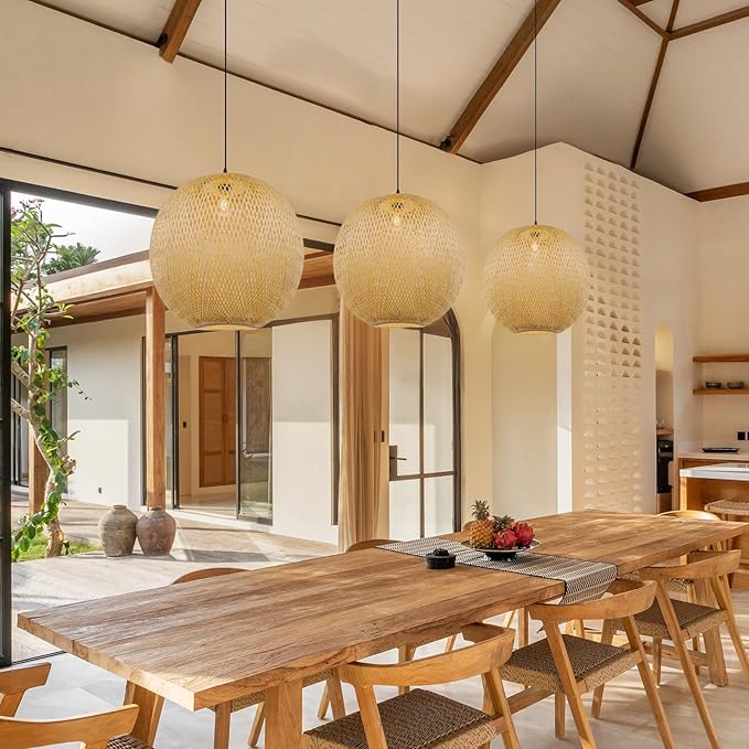 Arturesthome 15.7" Bamboo Pendant Lights, Round Wicker Chandelier, Hand-Woven Boho Basket Lampshade Hanging Ceiling Light for Kitchen Island Living Room