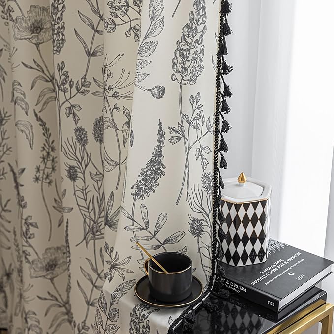 Boho Floral Curtains French Country Farmhouse Curtains 54 Inches Long Light Filtering Window Rod Pocket Drapes for Living Room 2 Panels-Grey Floral