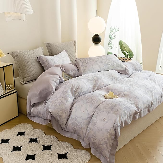 ECOCOTT Bedding 3-Piece Duvet Cover King Size, Silky Soft 100% Lyocell, Hypoallergenic & Eco-Friendly, Elegant Bloom (Soft Purple) Floral Pattern, Cooling & Breathable for Hot Sleepers