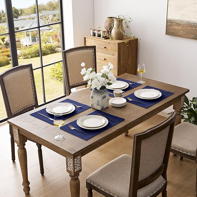 Romanstile Cloth Placemats Set of 6-12 x 18 Inch, Heat Resistant Double Layered Thickened Burlap Place Mats, Washable Faux Linen Farmhouse Table Mats for Kitchen/Dining/Party/Outdoor, Navy Blue
