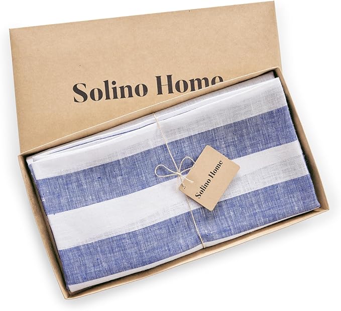 Solino Home Linen Round Tablecloth 70 Inch - Cabana Stripe, 100% Pure Linen Navy and White Round Tablecloth - Machine Washable Table Cloth for Fall, Autumn, Thanksgiving, Winter