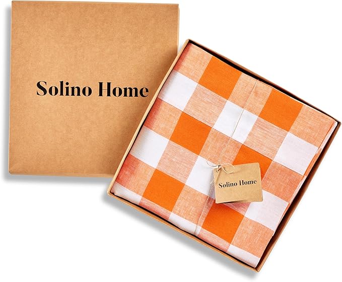 Solino Home Linen Checkered Tablecloth 60 x 144 Inch - 100% Pure Linen Pumpkin and White Buffalo Plaid Table Cloth for Rectangle Tables - Machine Washable Tablecloth for Fall, Thanksgiving