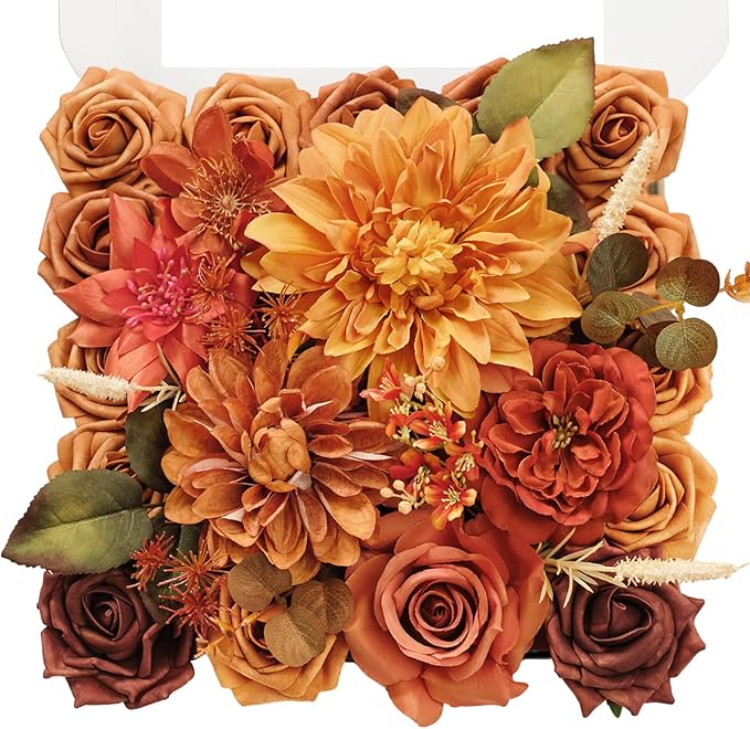 TINGE TIME Artificial Flowers Deep Burnt Orange Flower Combo for DIY Wedding Bouquets Table Centerpieces Arrangements Party Baby Shower Home Fall Decorations