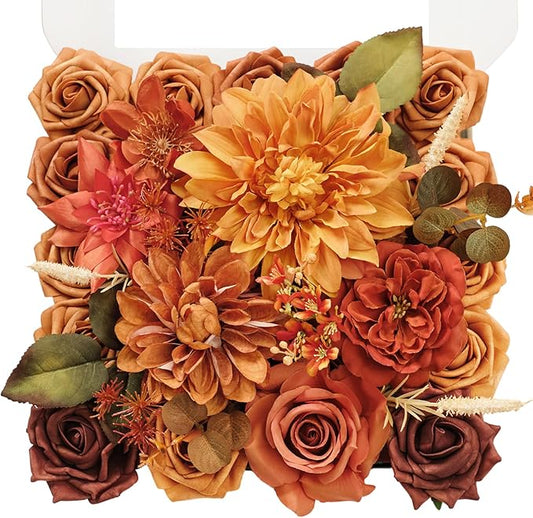 TINGE TIME Artificial Flowers Deep Burnt Orange Flower Combo for DIY Wedding Bouquets Table Centerpieces Arrangements Party Baby Shower Home Fall Decorations
