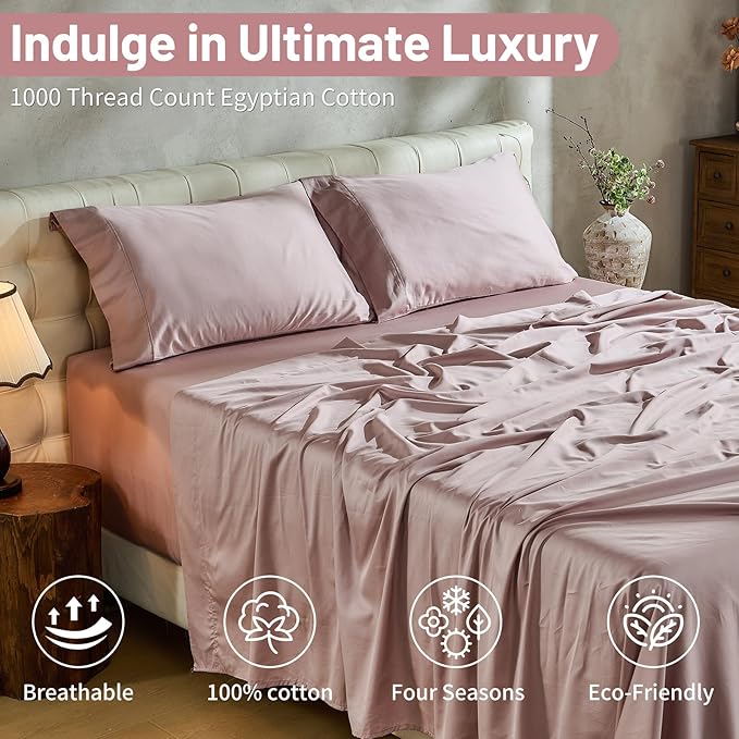 MEISHANG Extra Deep Pocket Cotton Sheets California King - 100% Egyptian Cotton 1000 Thread Count - Fits 18"-24" in Deep Mattress,Oeko-Tex Certified, Soft & Breathable - 4 Piece (Cal King, Dusty Pink)