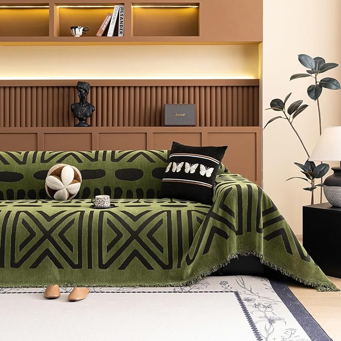 VClife Boho Couch Cover Soft Chenille Sofa Cover for Sofa Bed, 1 Piece XL Couch Covers for 3 Cushion Couch Sofa Washable Green Black Jacquard Pattern Sofa Protector for Living Room 71''x134''