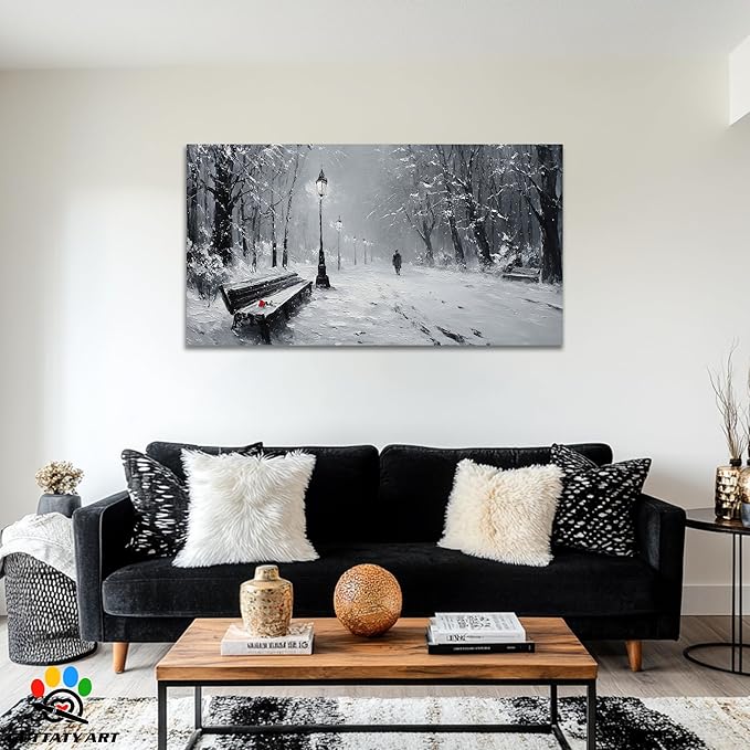 GUTTATY Christmas Winter Scene Canvas Wall Art, Snowy Park Pictures Print, Monochrome Wall Decor with Bench and Lamp, Fine Canvas Artwork for Living Room, Bedroom, Office, Holiday Gift, 60x30 Inch